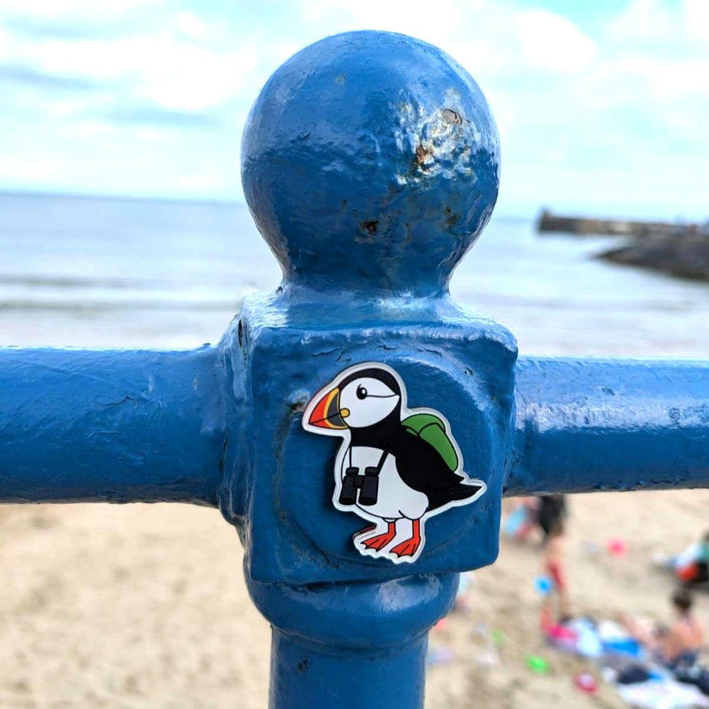 Blue metal post with a puffin magnet on a beach