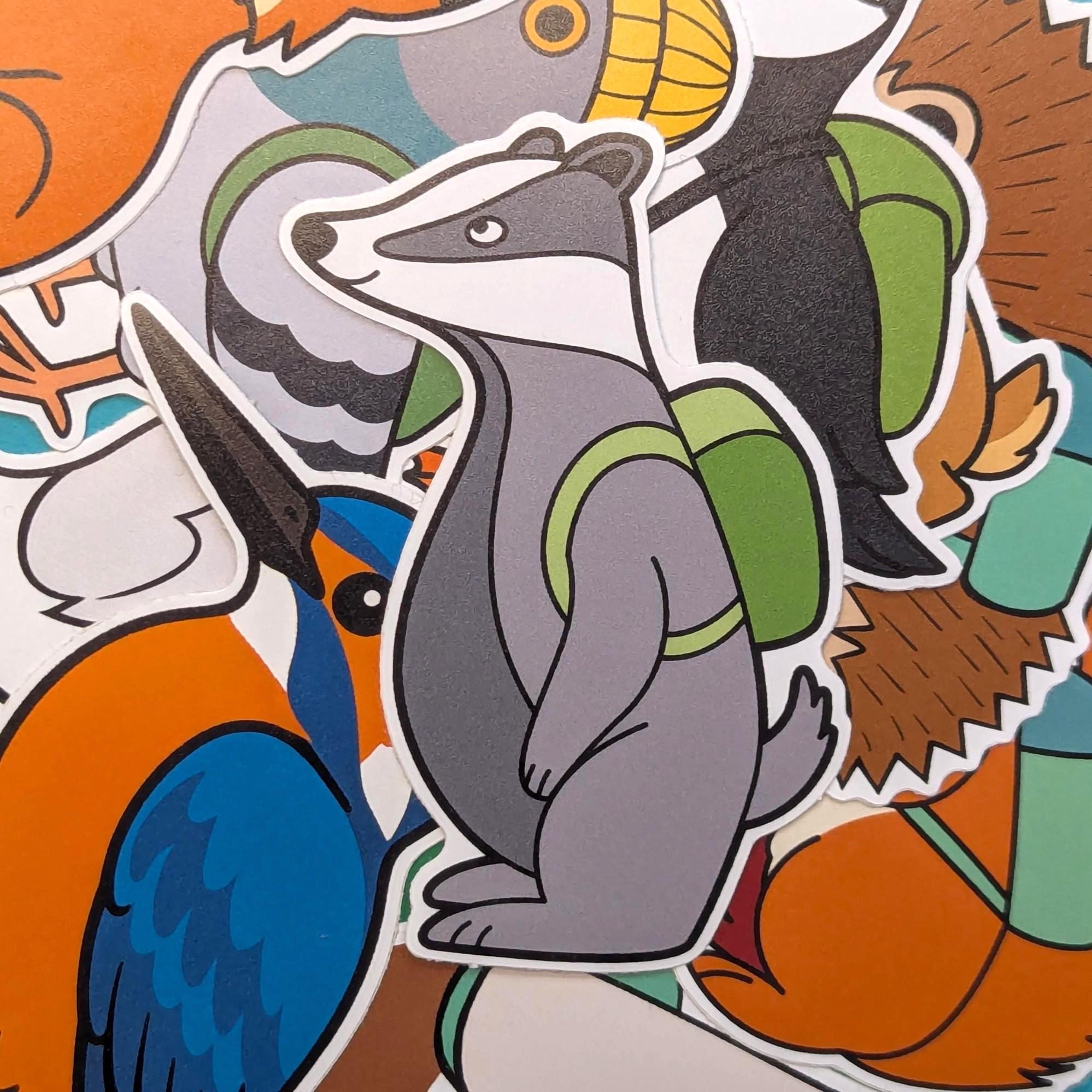 Sticker of a hiking badger with a green backpack on a multicolored background