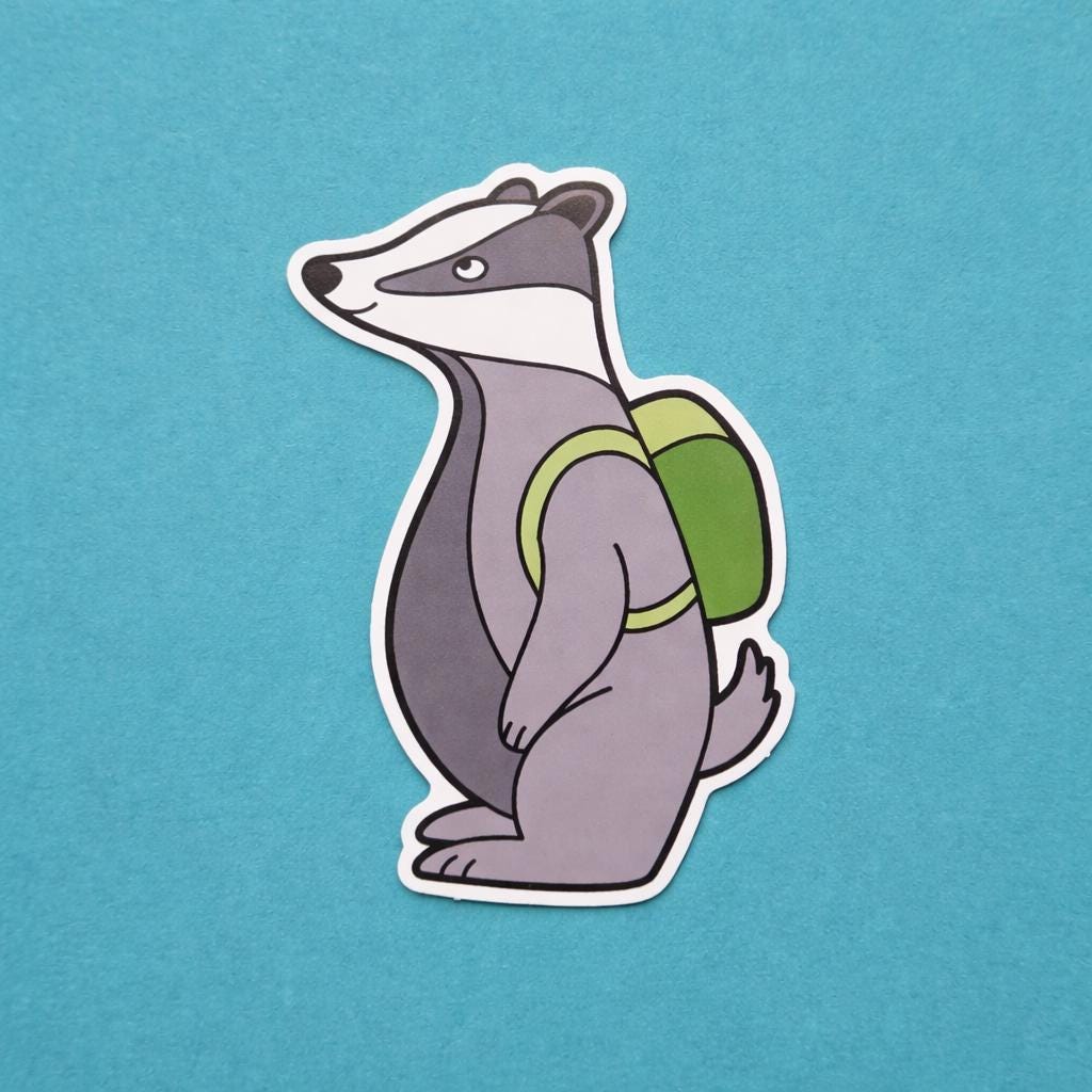 Sticker of a badger with a green backpack on a blue background