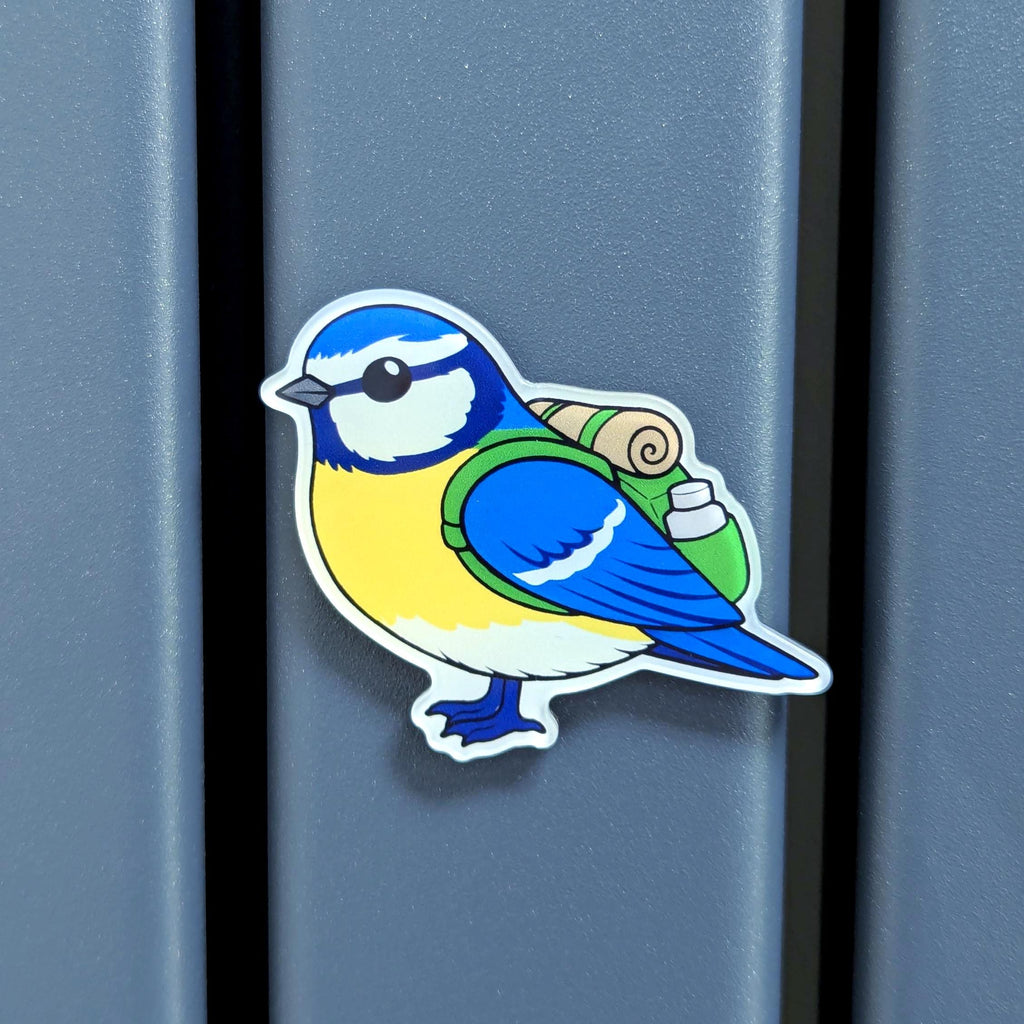 Colourful blue tit fridge magnet on a blue surface