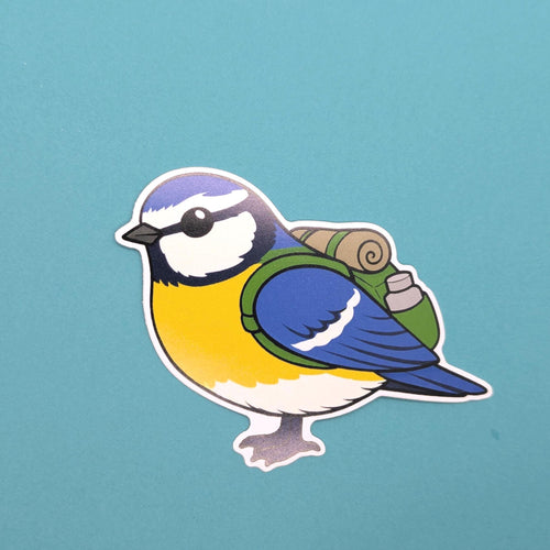 Blue tit with a hiking bag sticker on teal background
