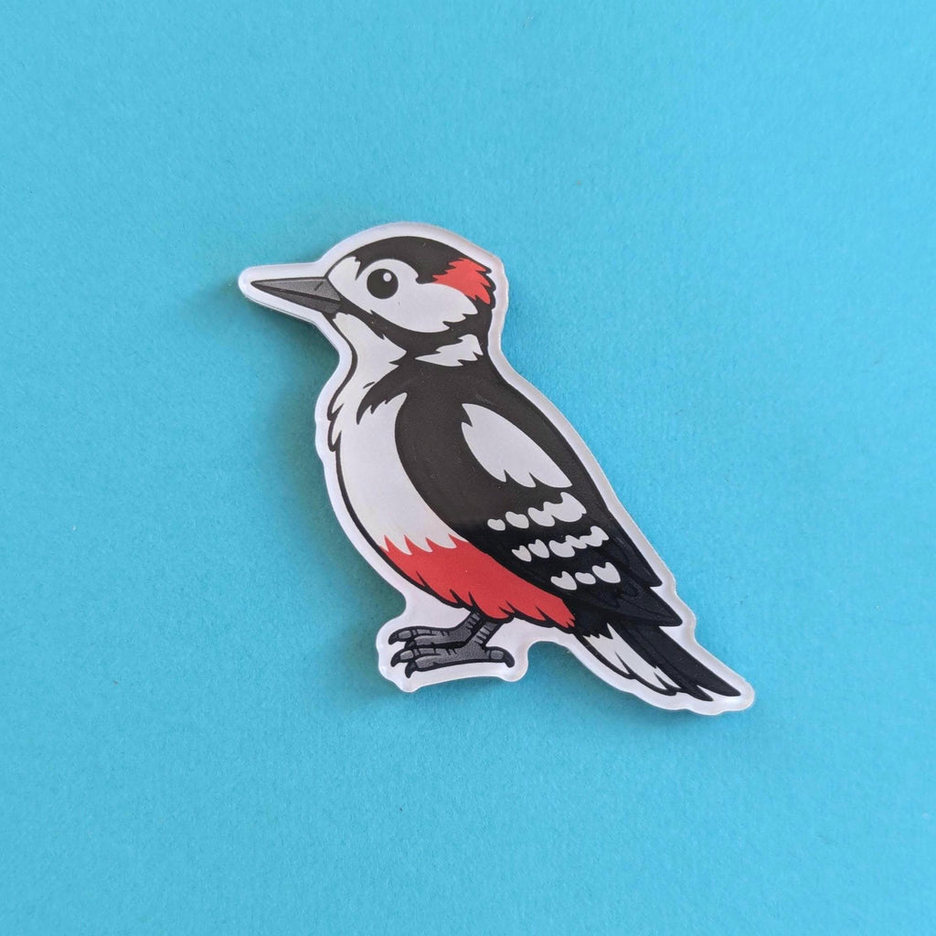 Woodpecker fridge magnet on a blue background