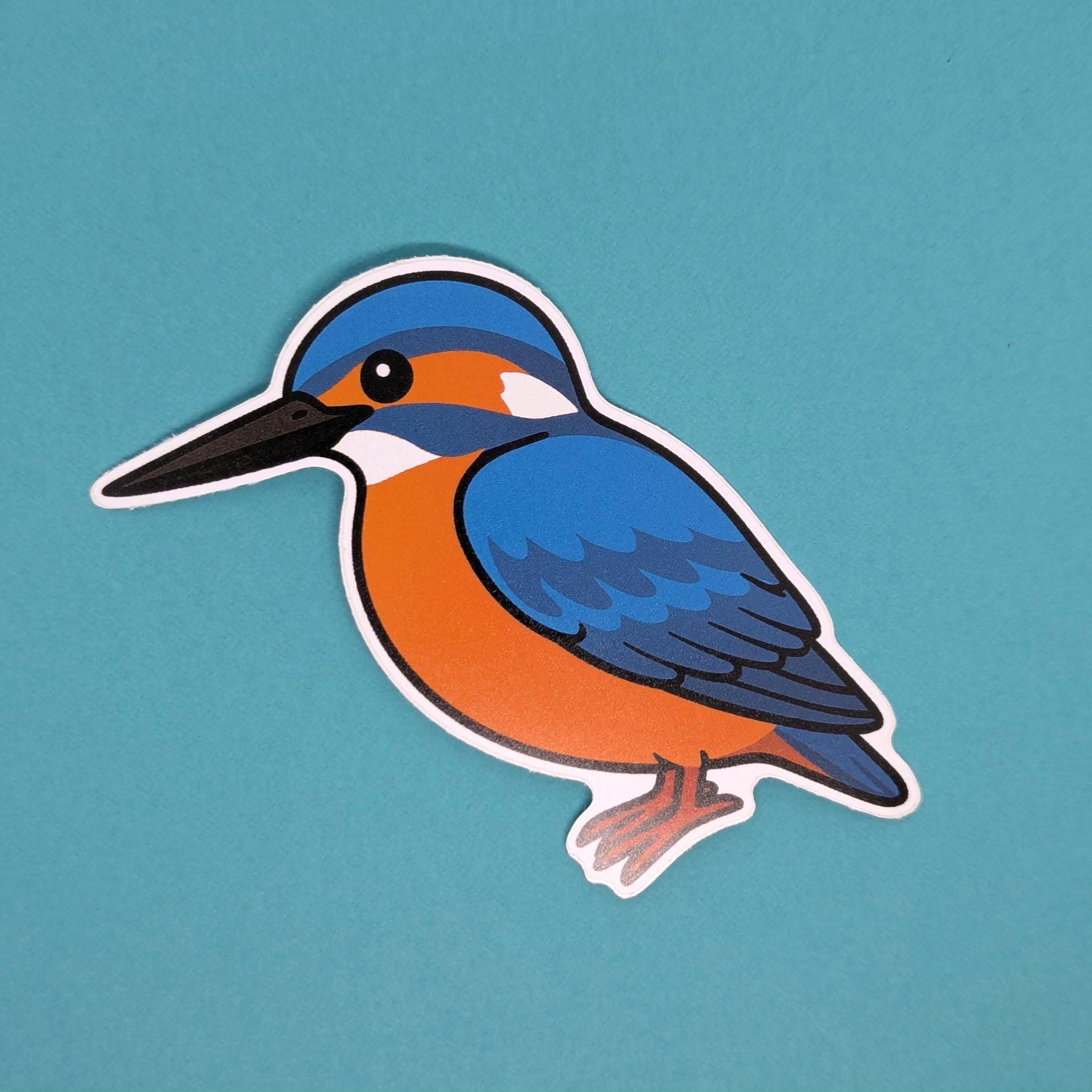 Sticker of a blue and orange kingfisher bird on a teal background