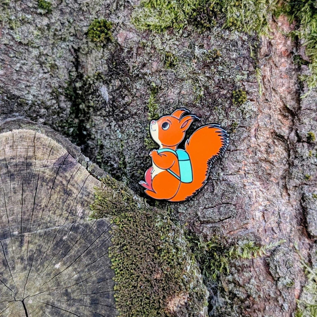 Squirrel character on a textured tree bark background