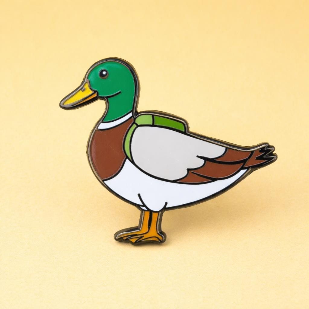 Duck enamel pin on a beige background