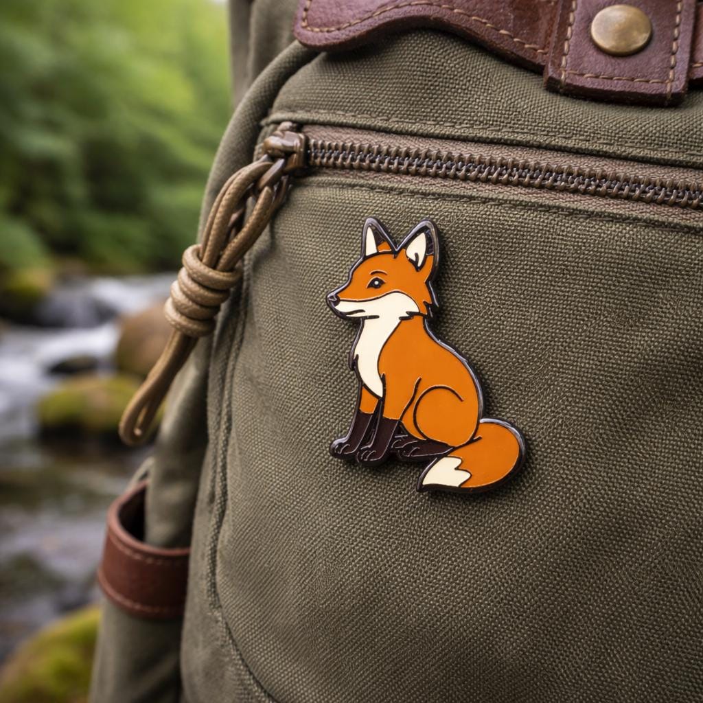 Fox pin on a green jacket with a blurred natural background
