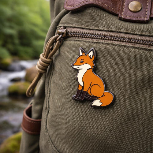 Fox pin on a green jacket with a blurred natural background