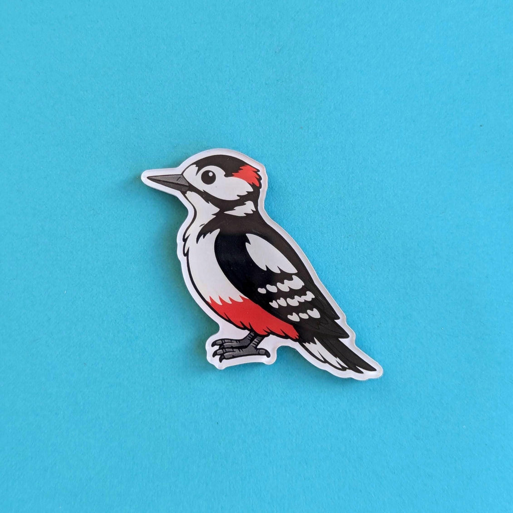 Fridge magnet of a great spotted woodpecker on a blue background