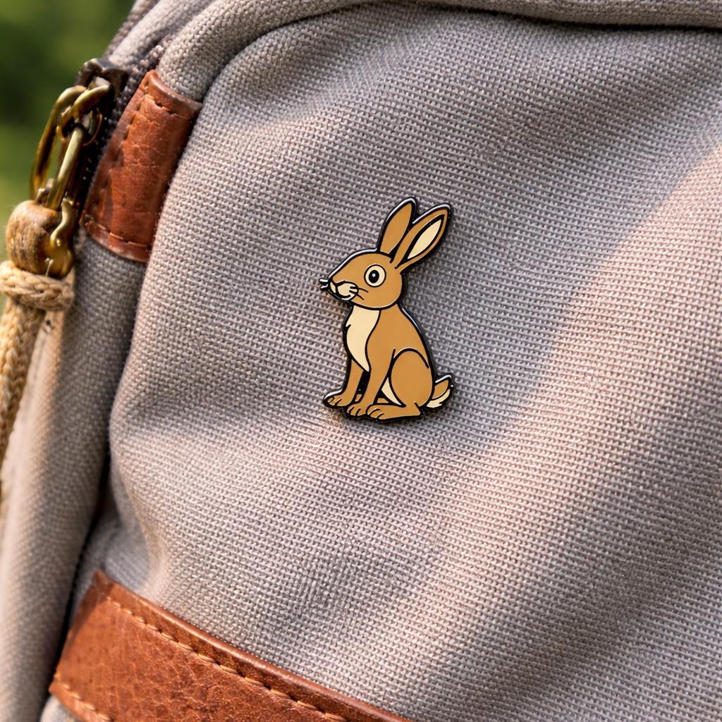 Brown hare pin on a textured gray fabric surface with leather accents