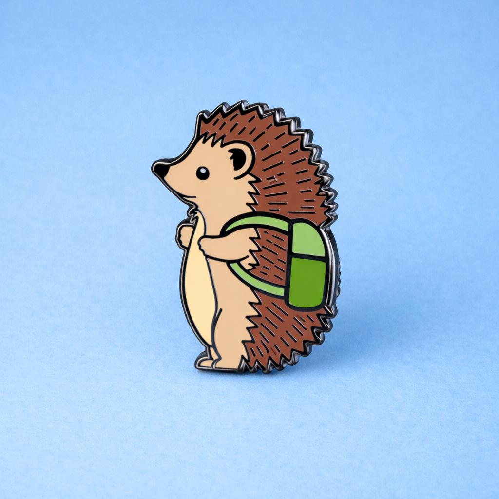Hedgehog pin with a green backpack on a blue background