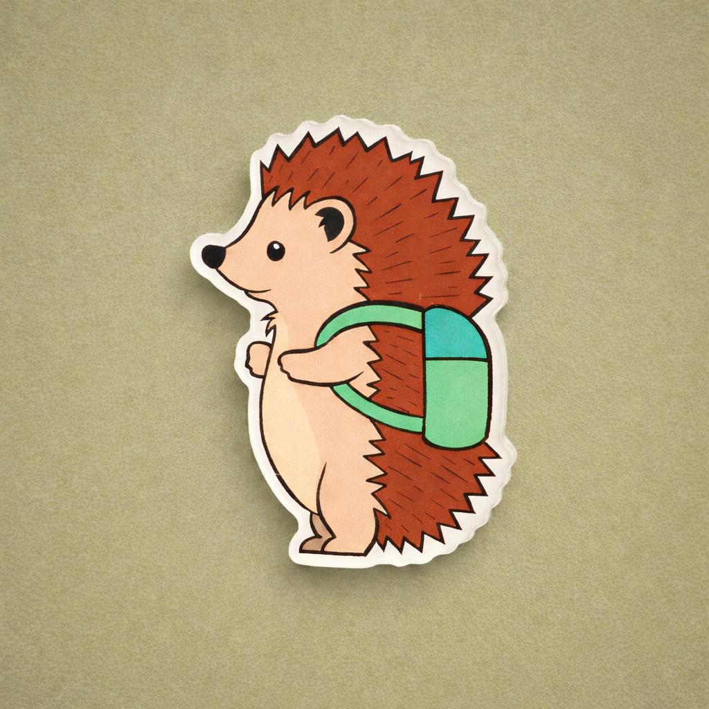 Cartoon hedgehog with a backpack on a beige background