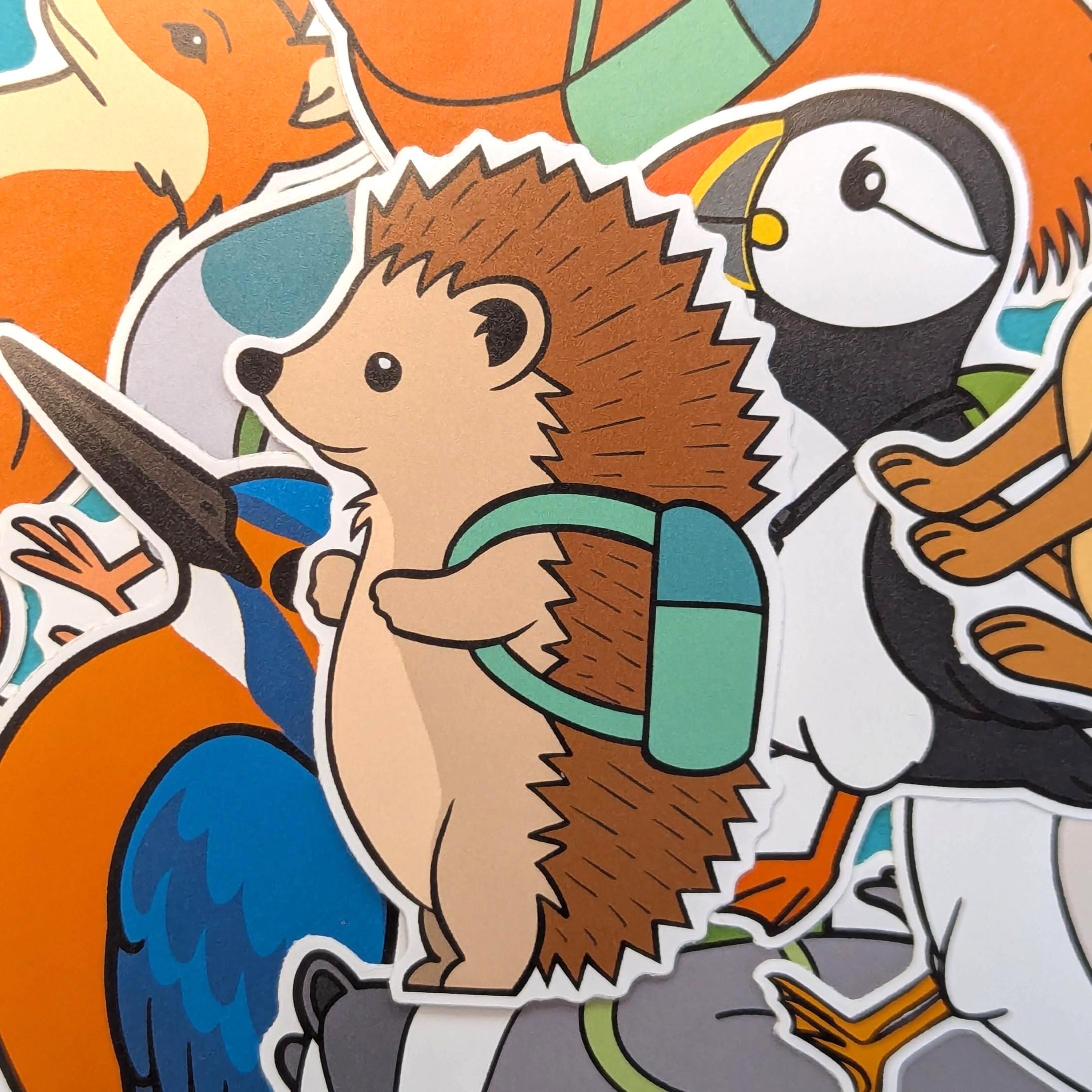 Colourful sticker collection with a hedgehog holding a green bag.