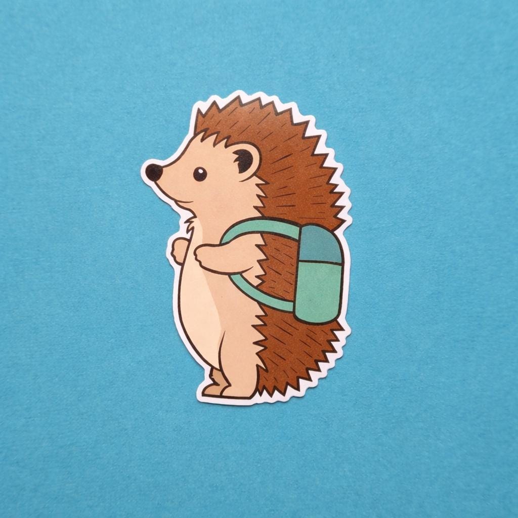 Cartoon hedgehog with a green backpack on a blue background