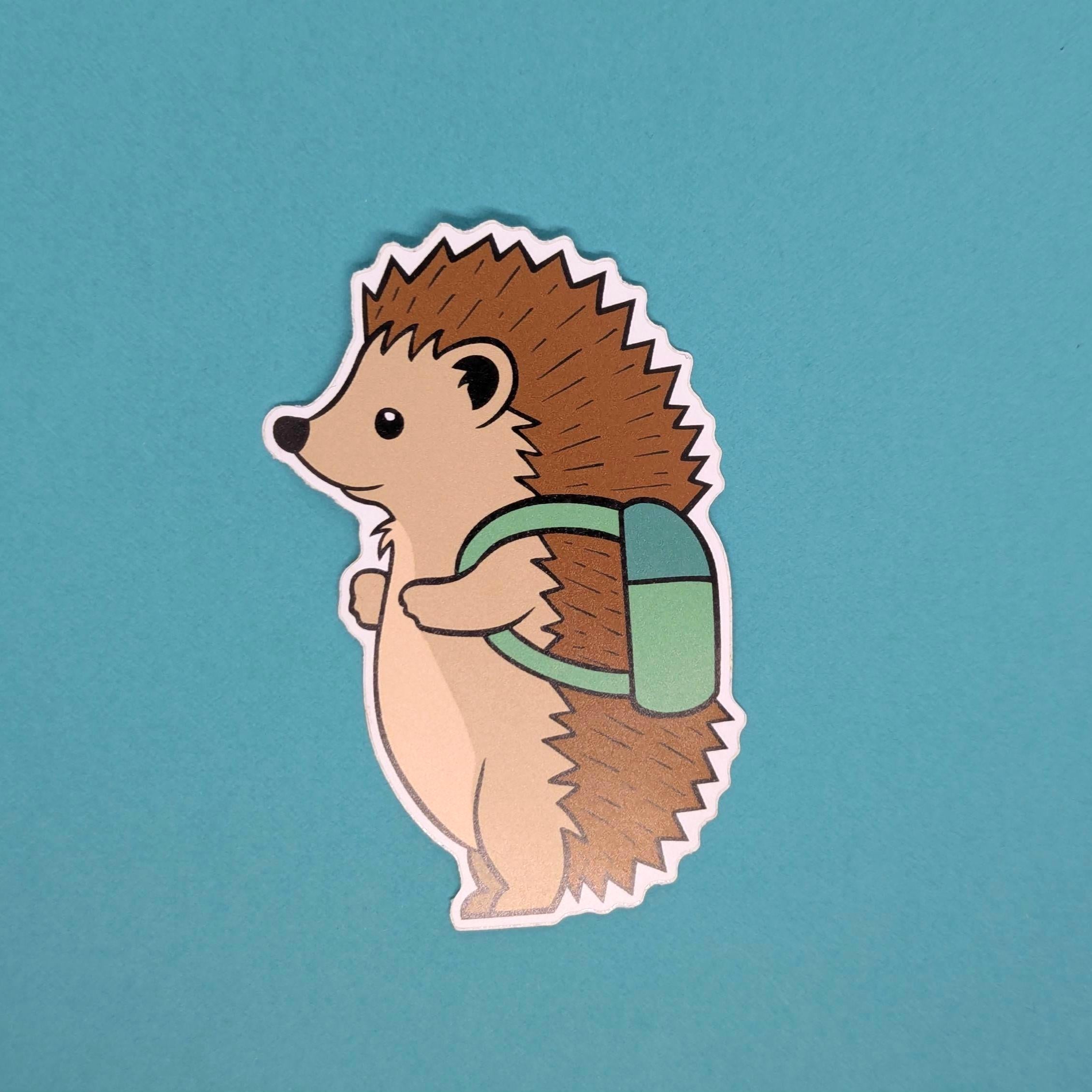 Cartoon hedgehog with a green backpack on a teal background
