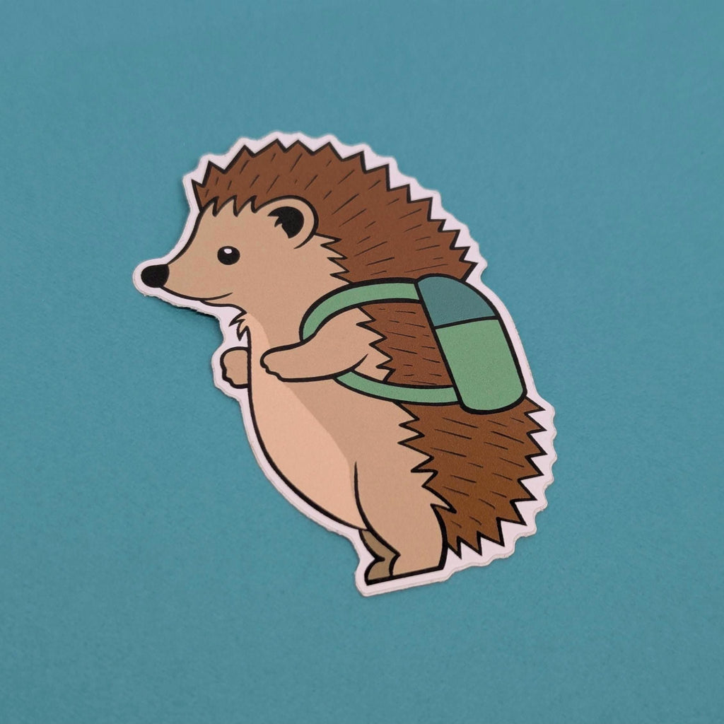 Cartoon hedgehog with a green backpack on a teal background
