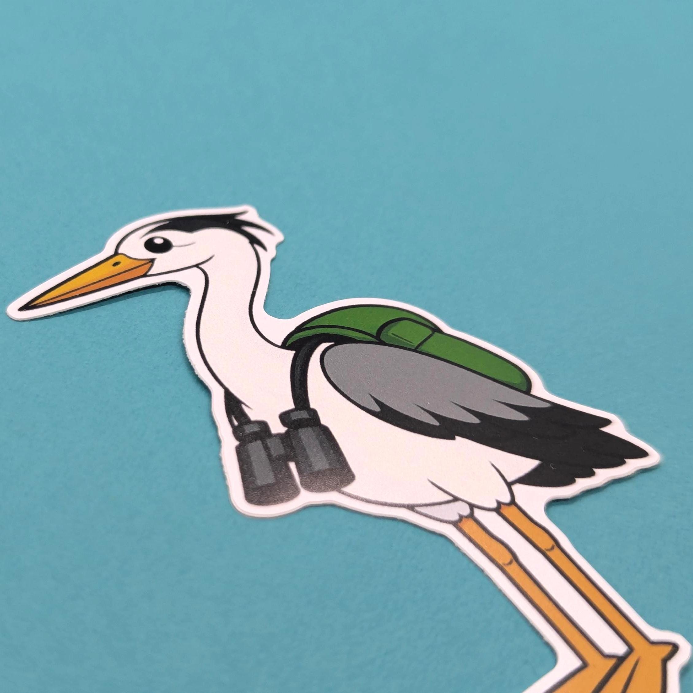 Cartoon heron with binoculars on a blue background
