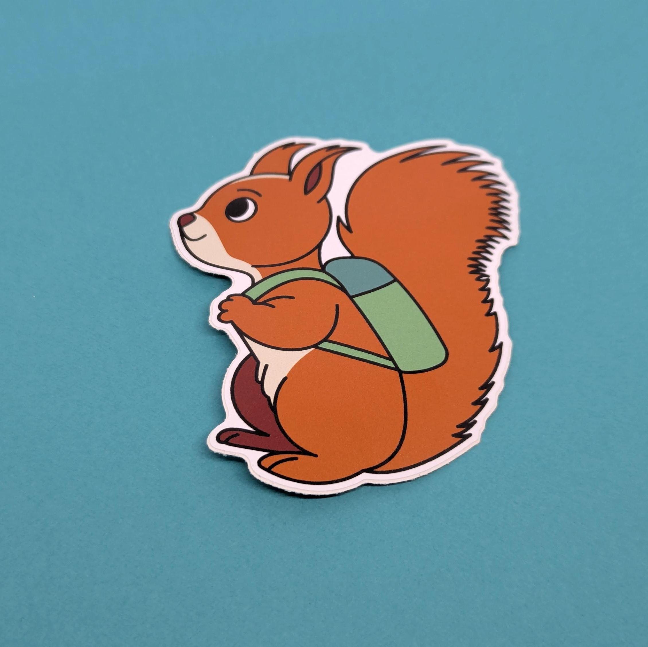 Sticker of a squirrel with a green backpack on a teal background