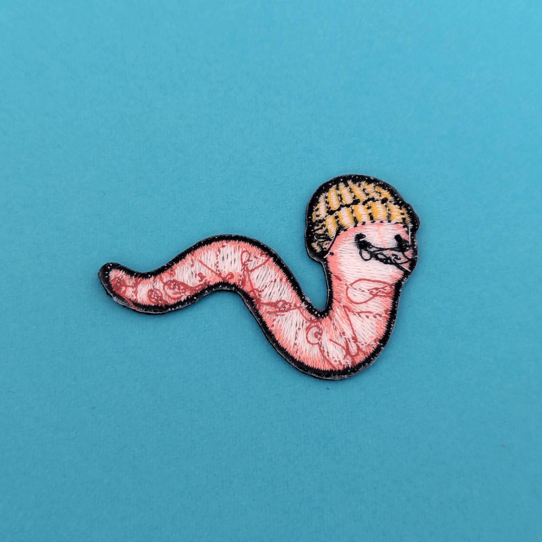 Worm Iron-On Patch - Embroidered, British Wildlife, 60mm