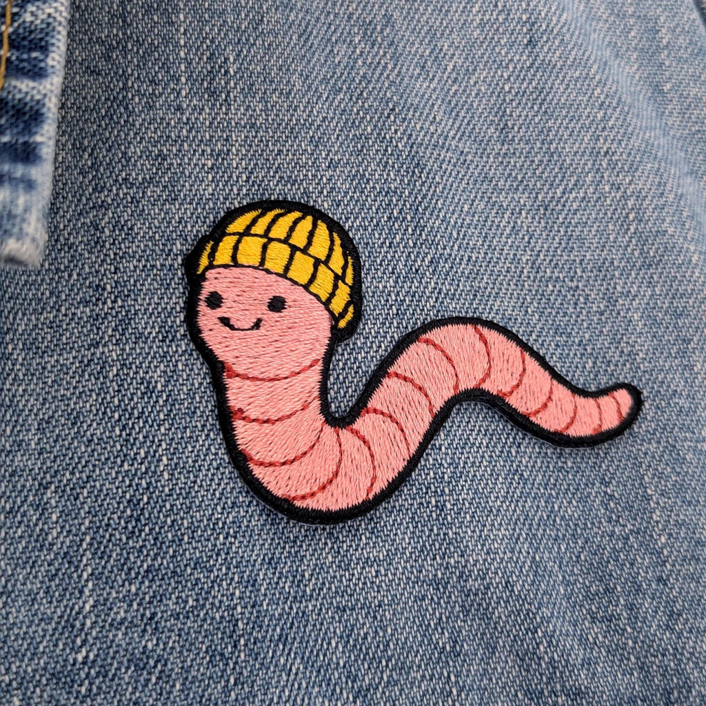 Worm Iron-On Patch - Embroidered, British Wildlife, 60mm