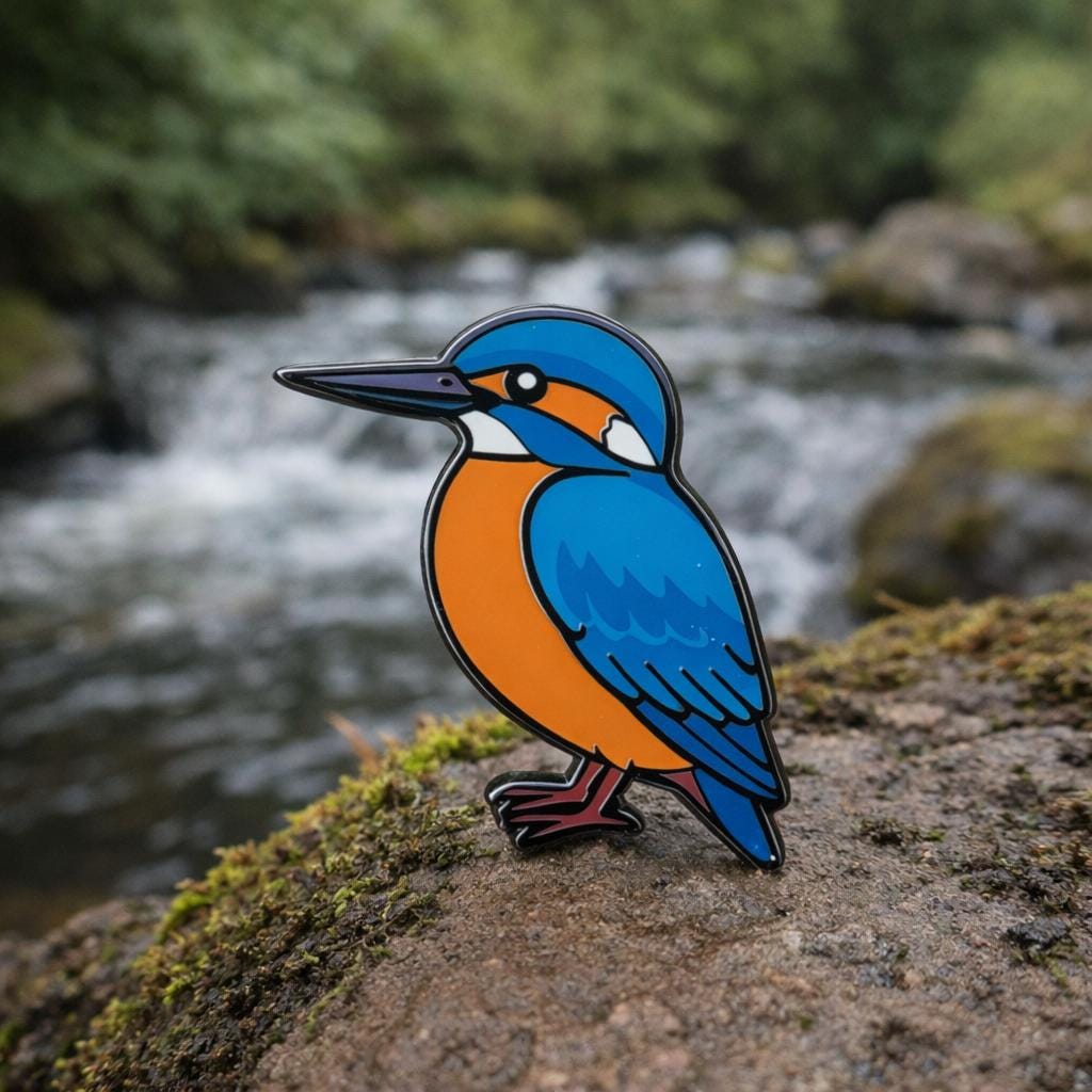 Colourful kingfisher bird pin on a rock with a blurred natural background