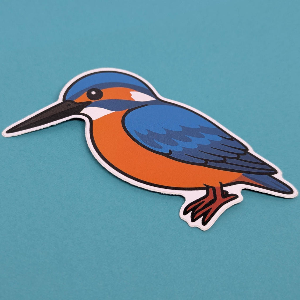Sticker of a blue and orange kingfisher bird on a teal background