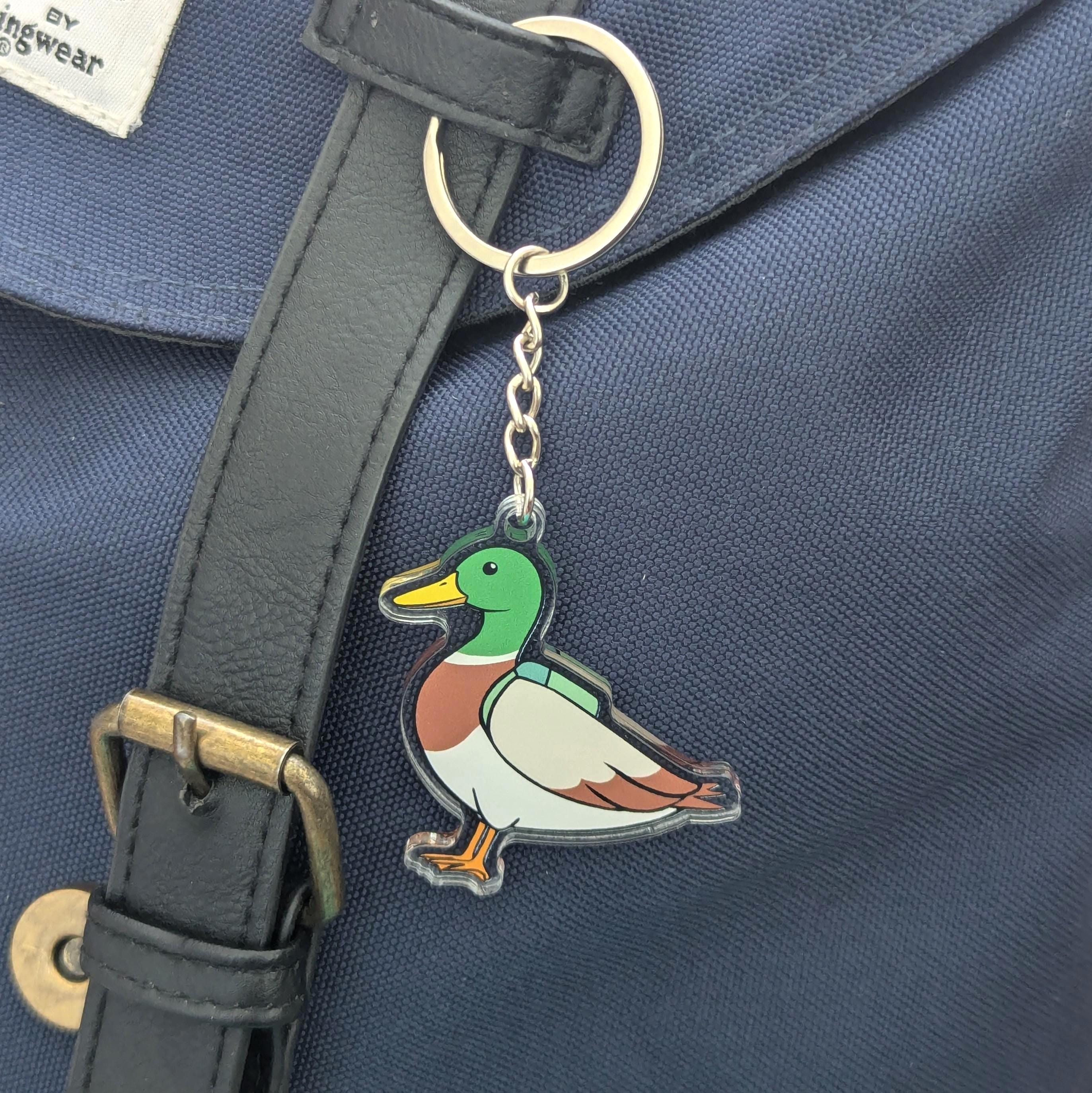 mallard duck keyring on backpack