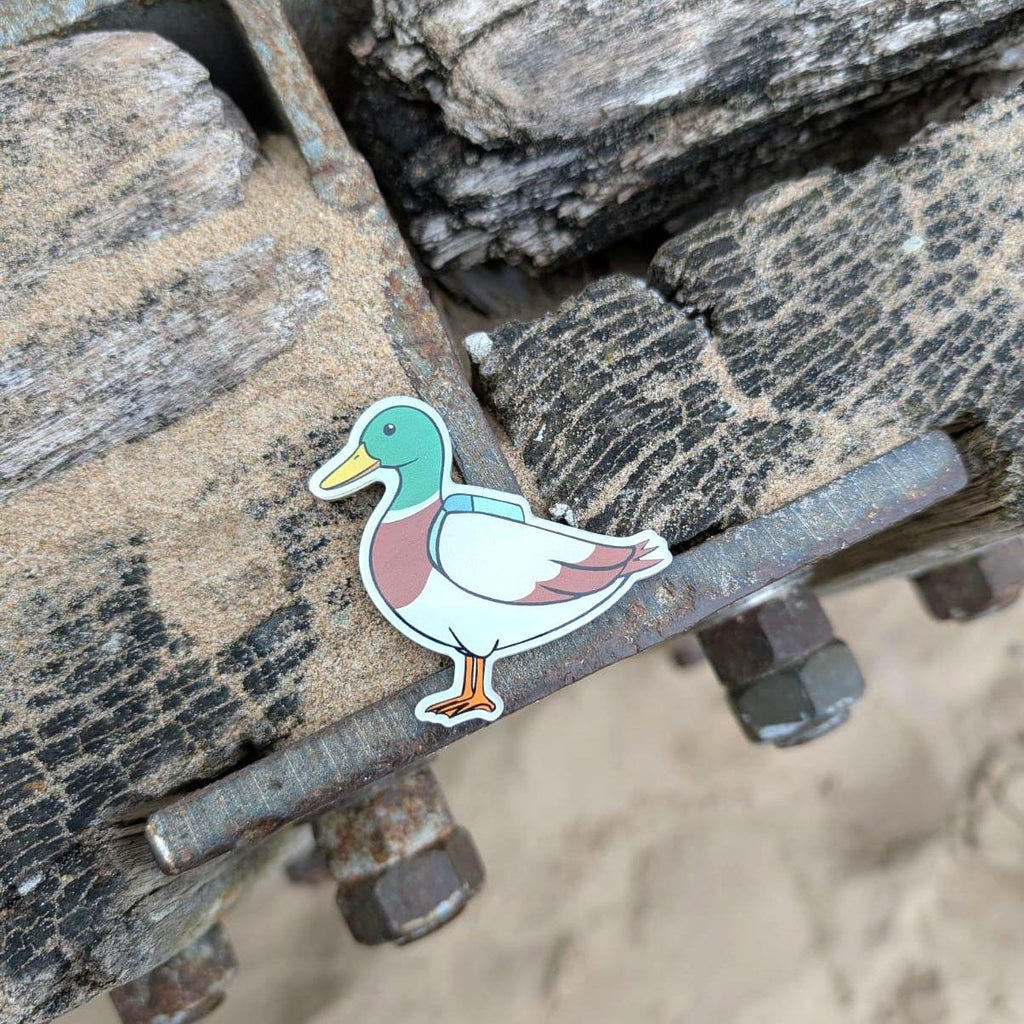 Duck fridge magnet on a metal surface with rocks in the background