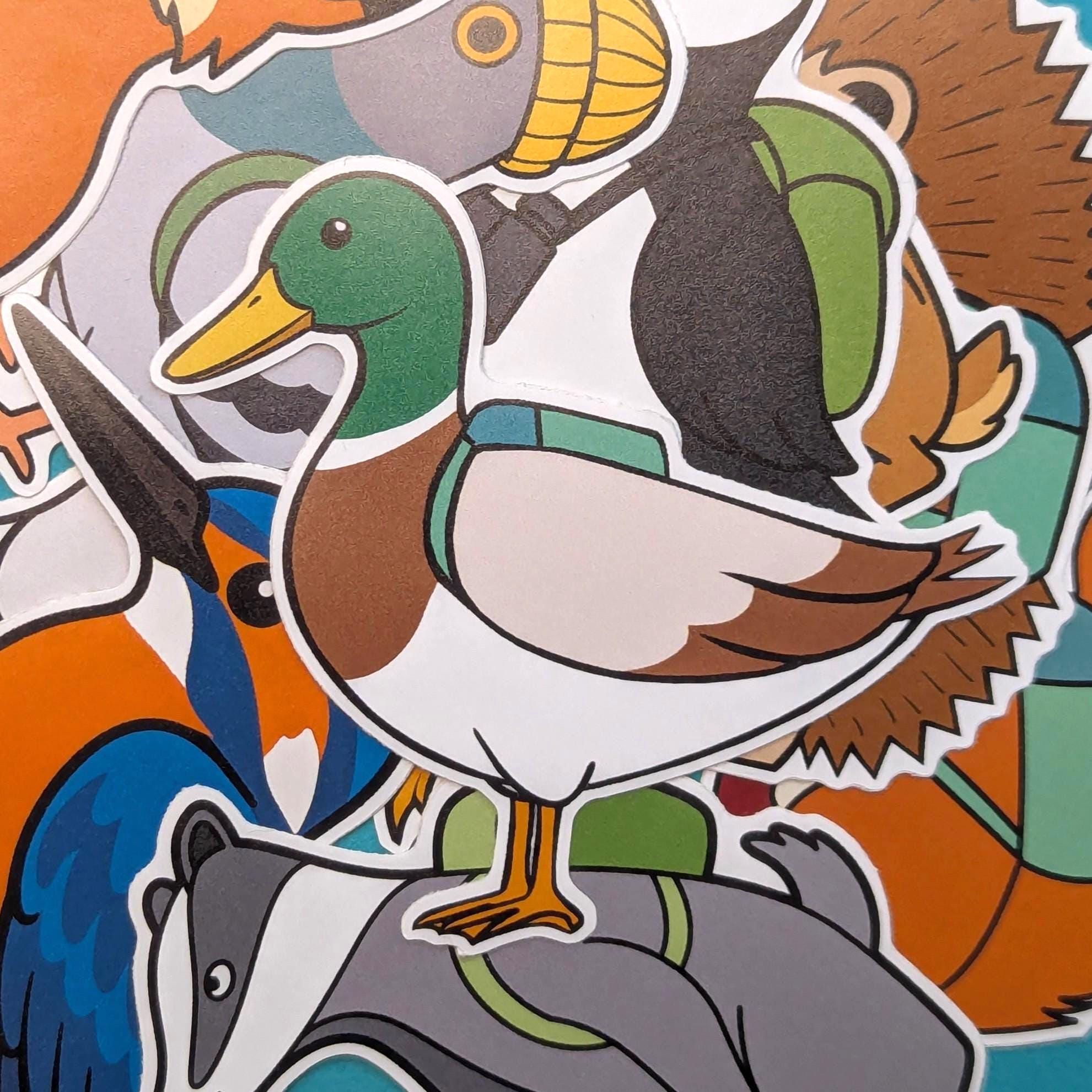 Colourful animal stickers including a duck and badger on a textured background