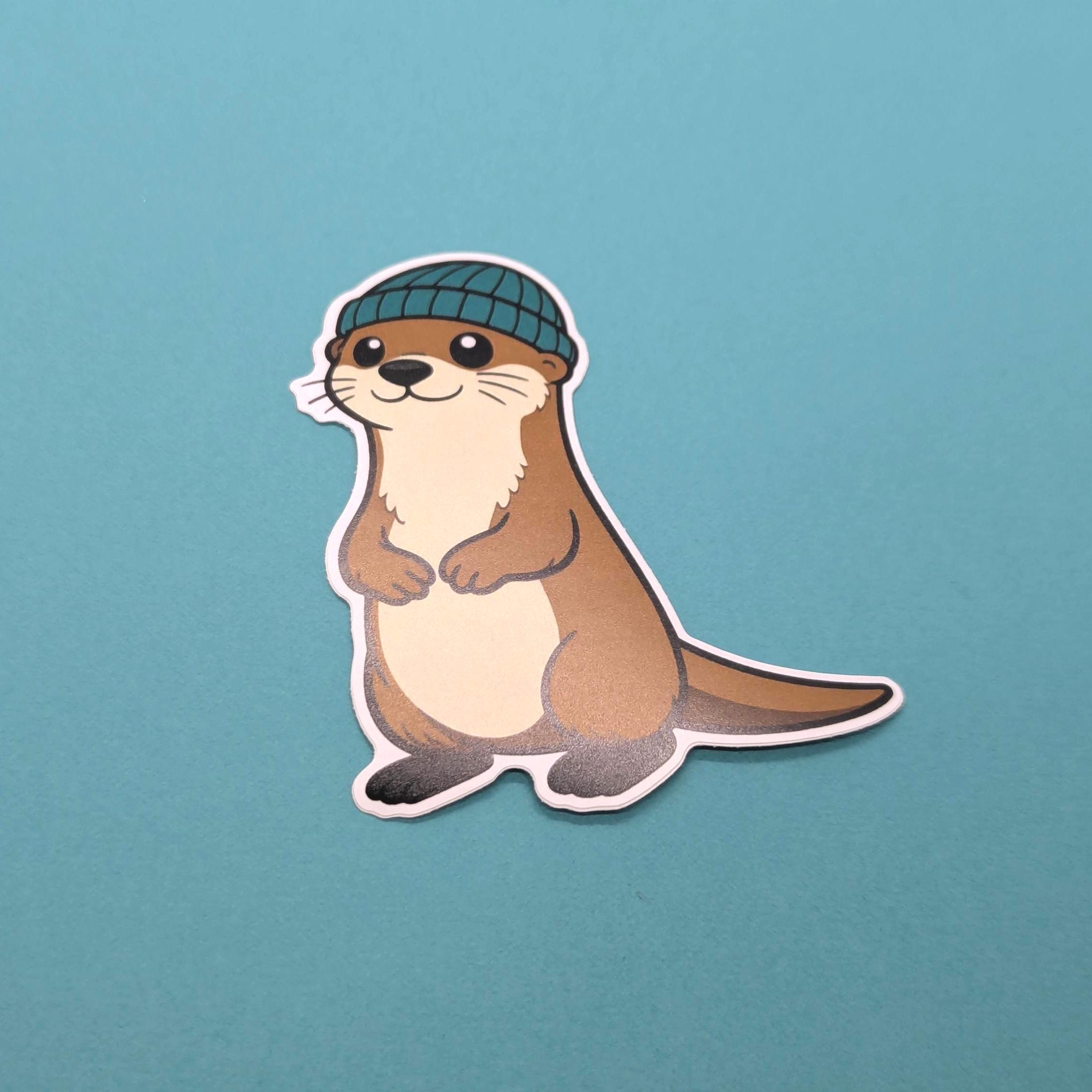 Cartoon otter wearing a teal beanie on a teal background