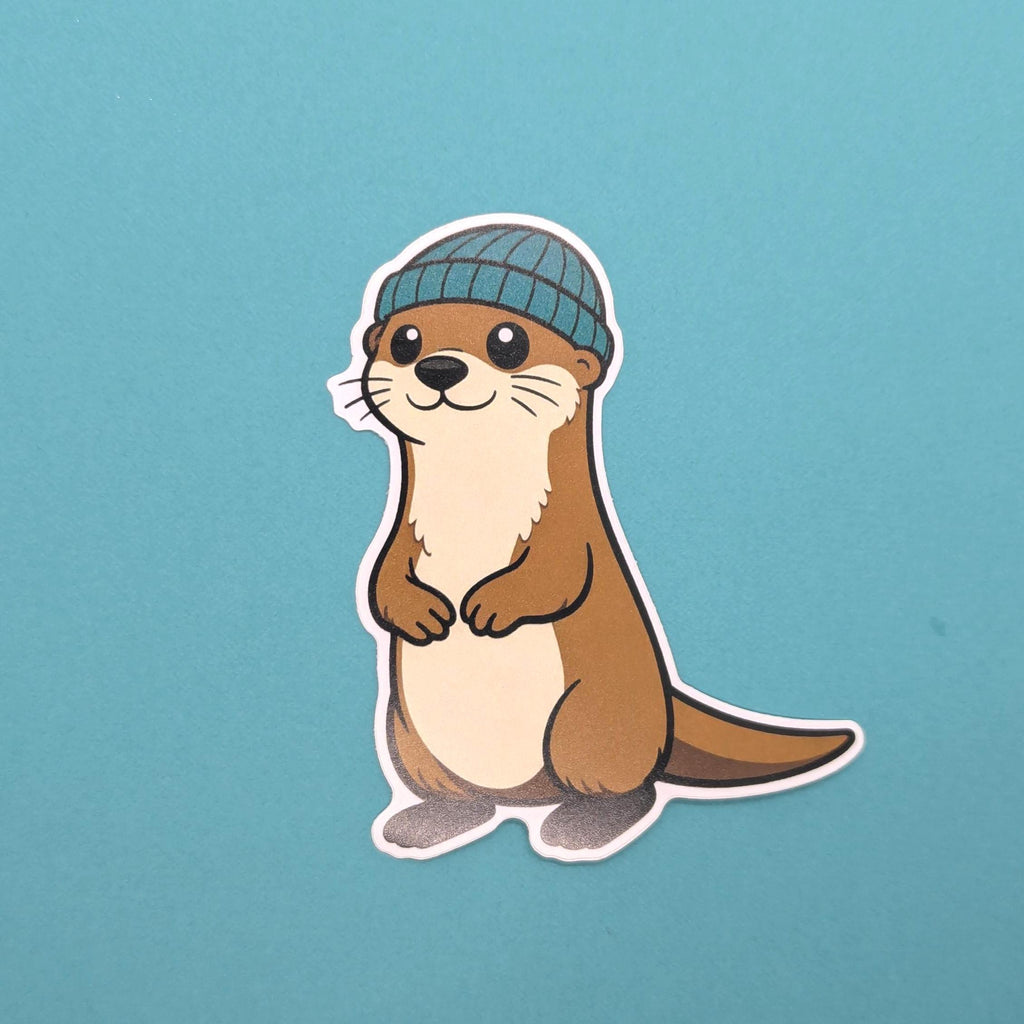 Sticker of cartoon otter wearing a blue hat on a teal background