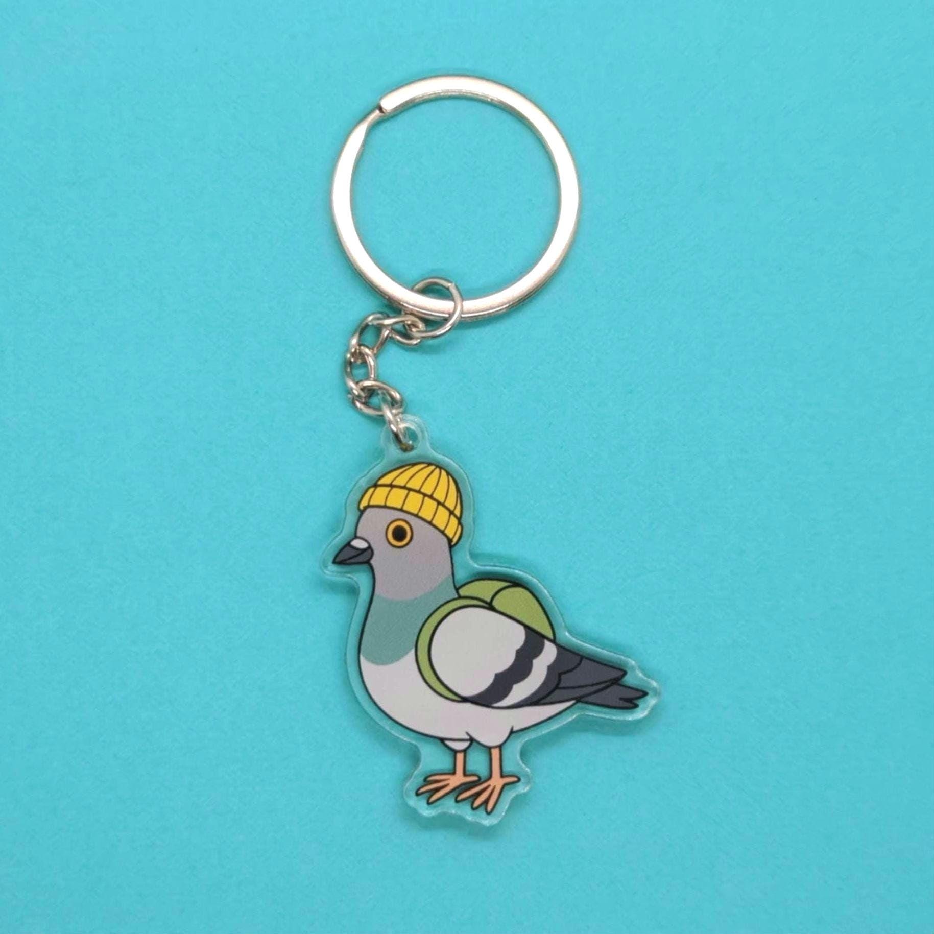 Urban pigeon acrylic keyring with beanie hat