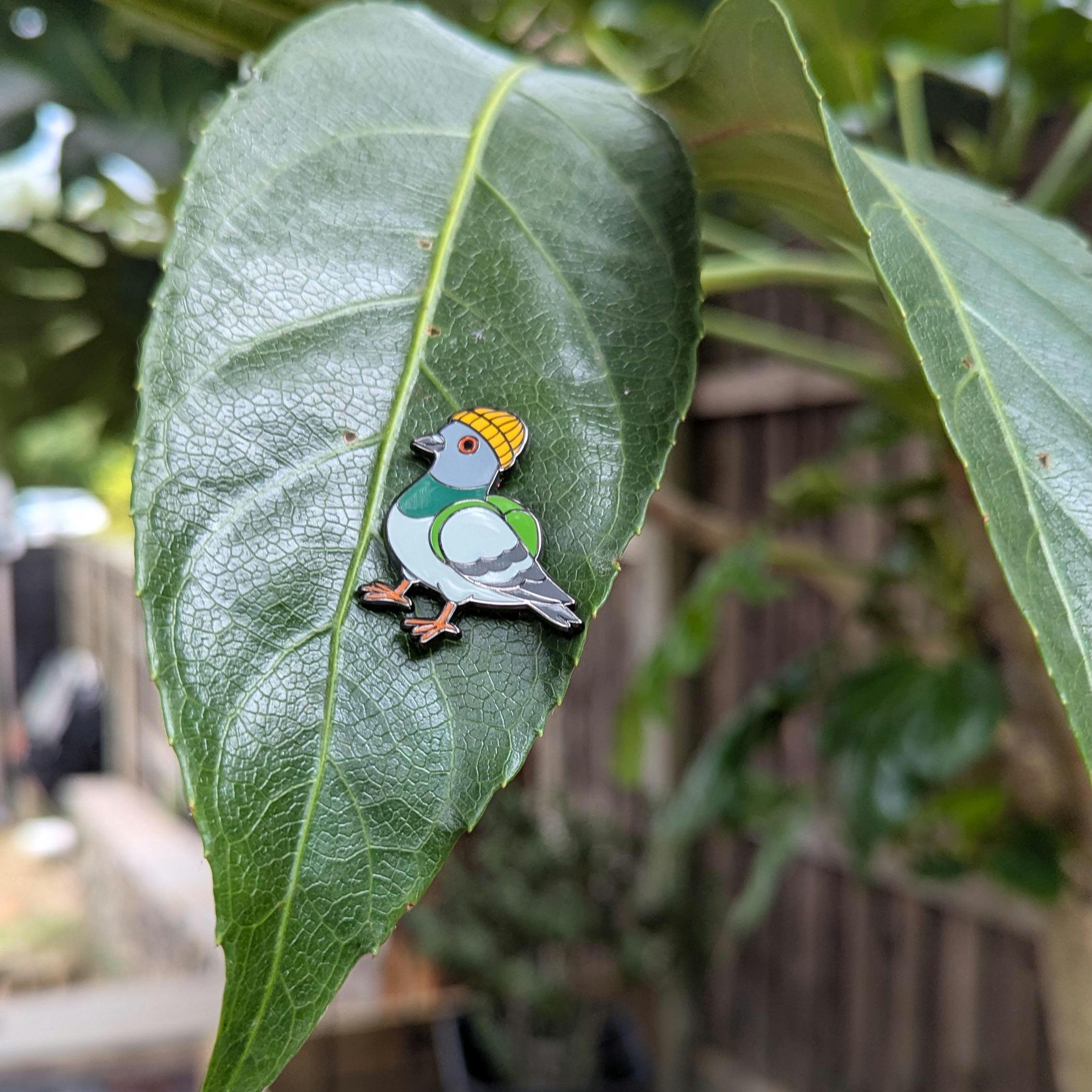 urban pigeon pin on a green leaf with a blurred outdoor background