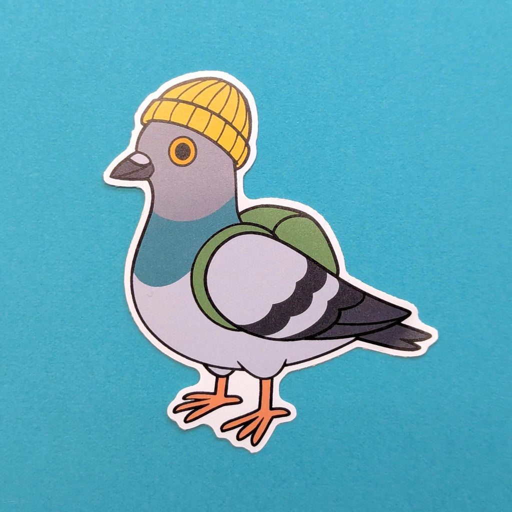 Sticker of a cartoon pigeon wearing a yellow beanie