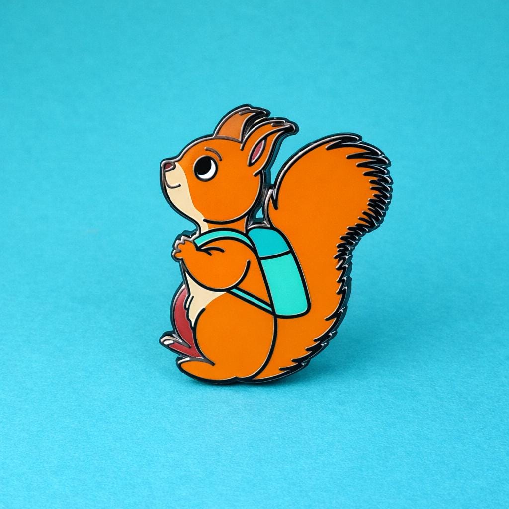 Red squirrel with a backpack on a blue background
