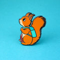 Red squirrel with a backpack on a blue background