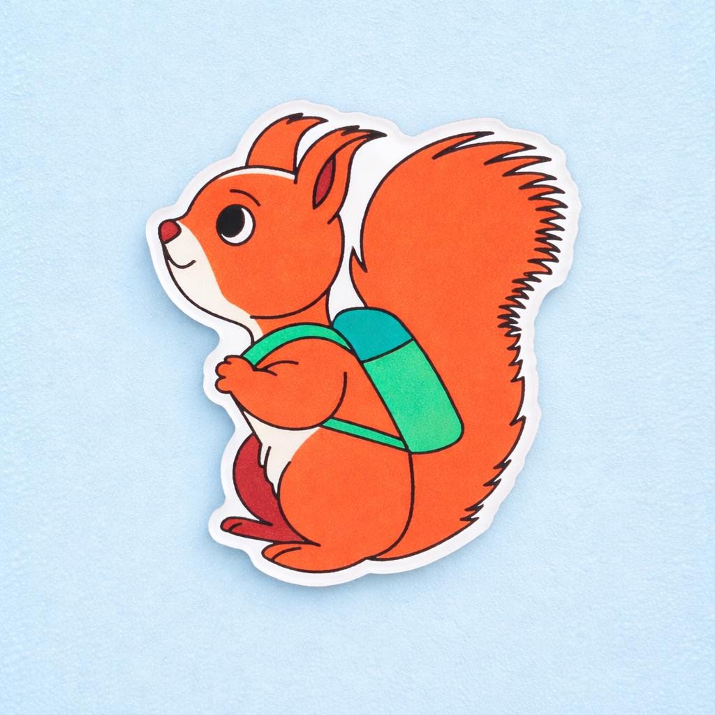 Fridge magnet of a squirrel with a green backpack on a light blue background