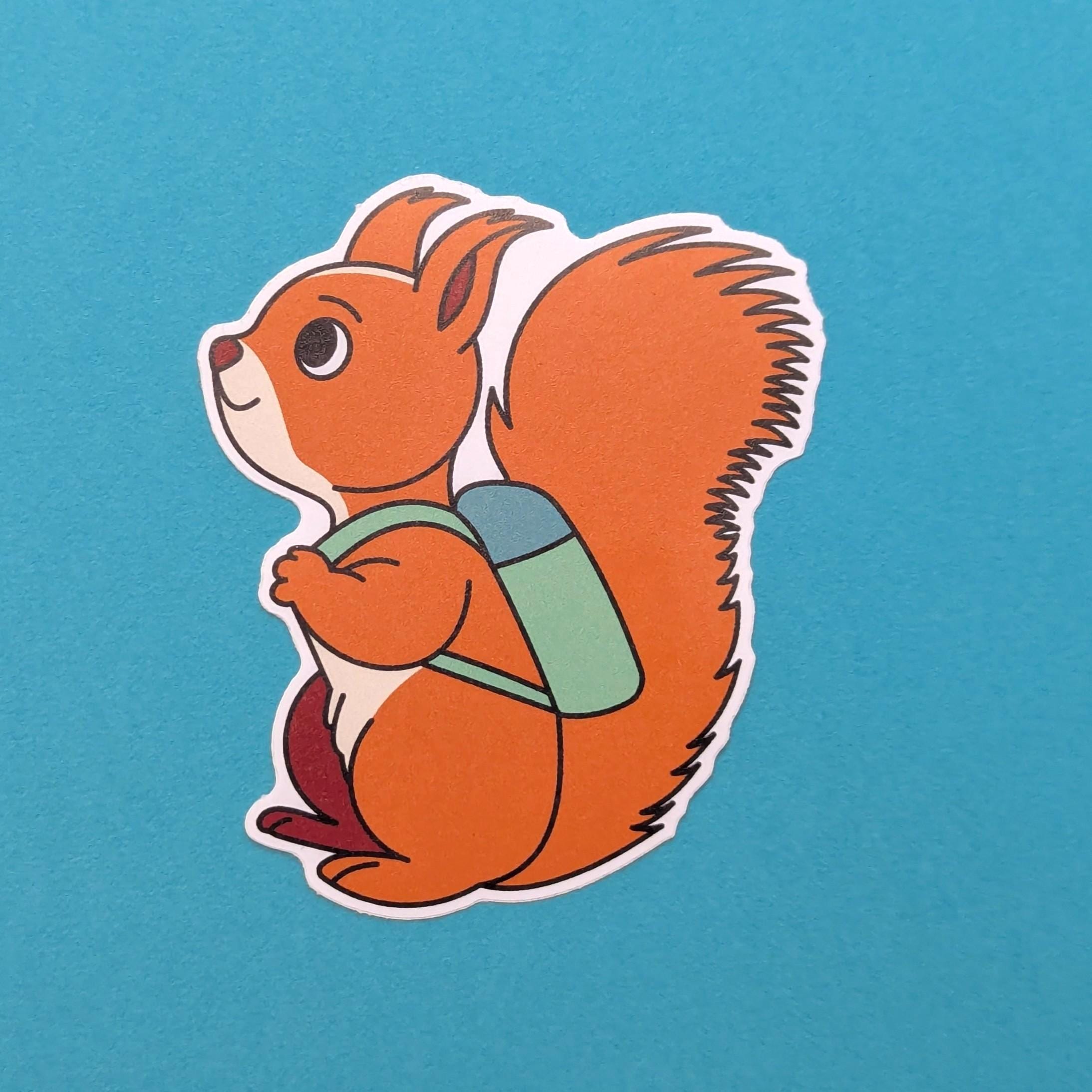 Cartoon squirrel sticker with a backpack on a blue background