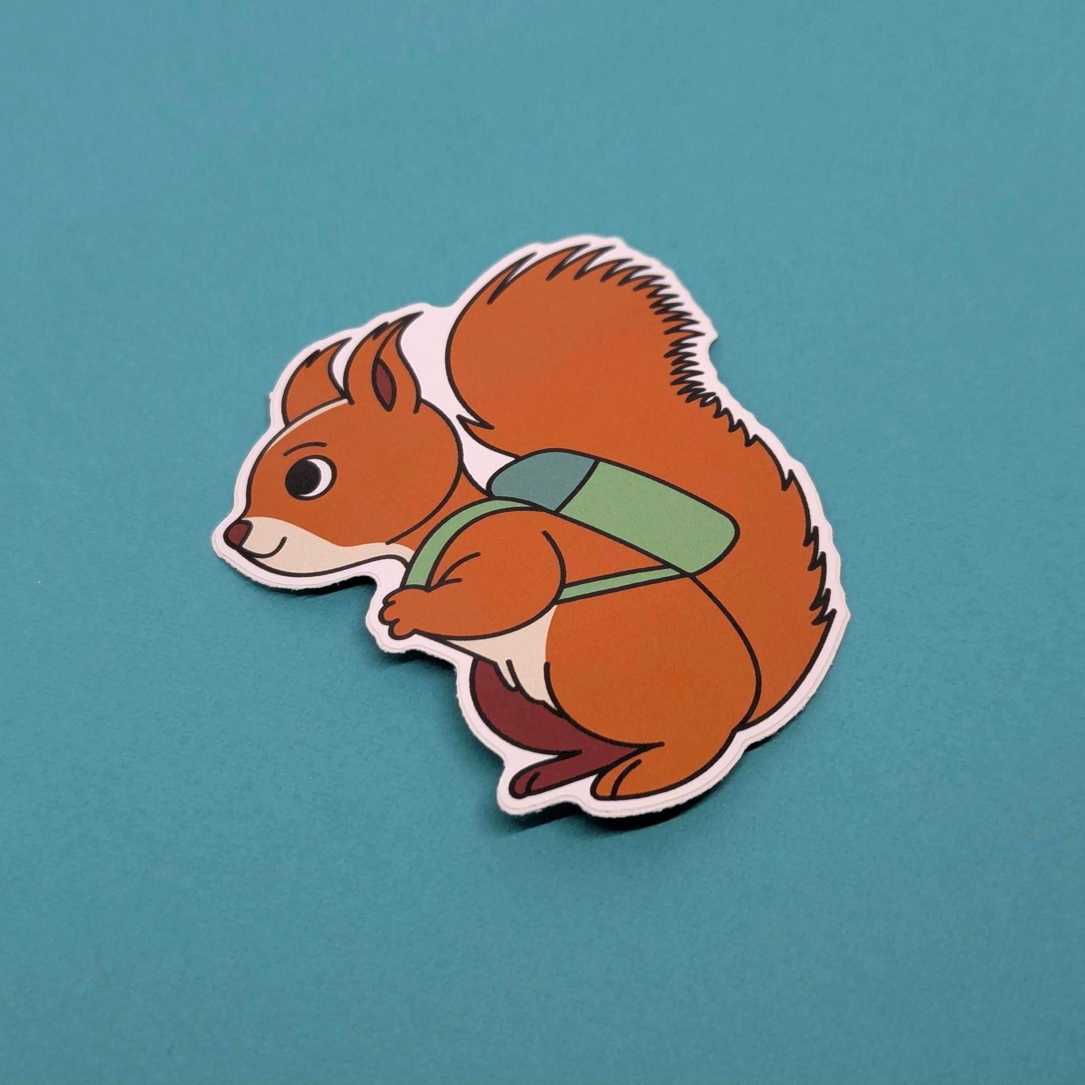 Sticker of a squirrel with a green backpack on a teal background