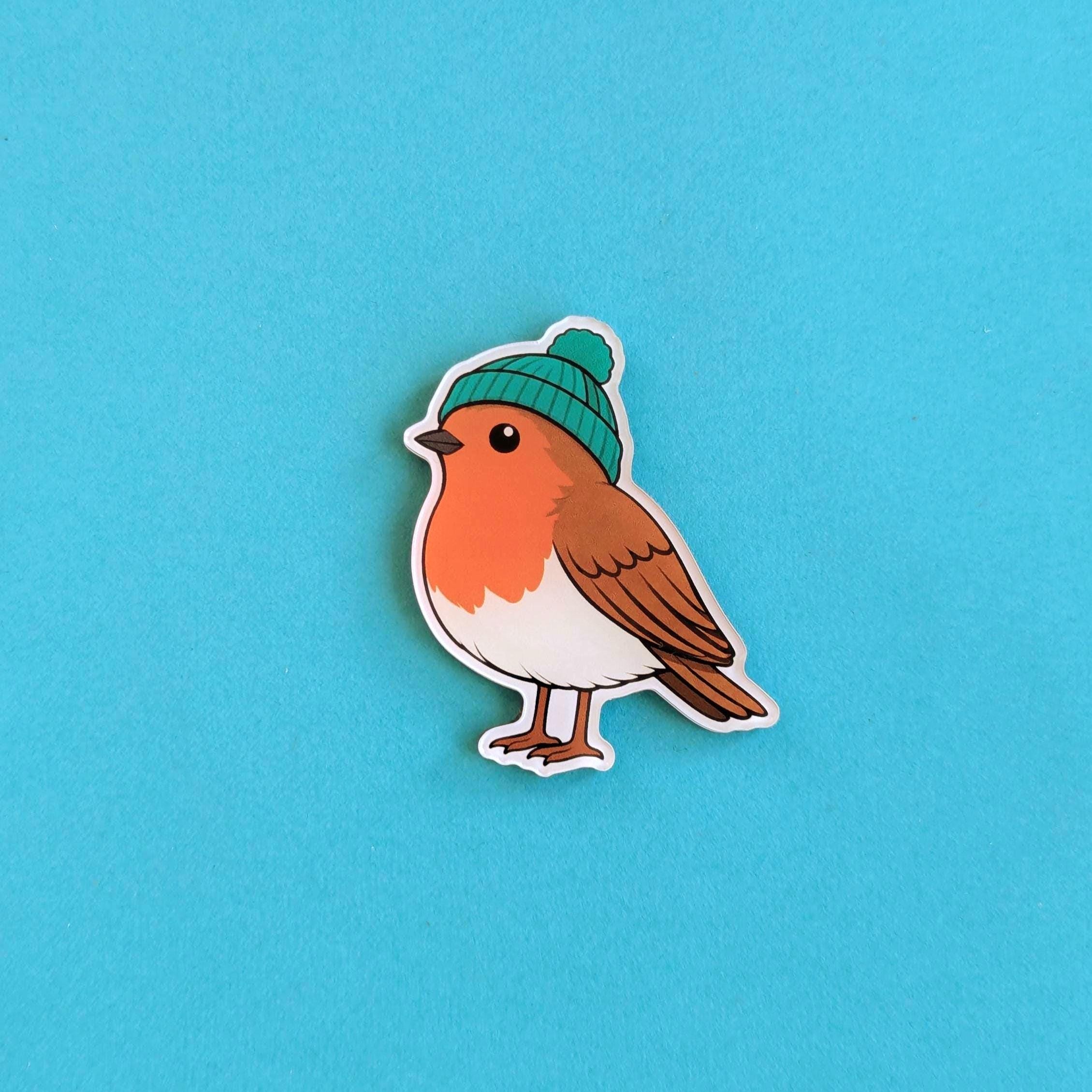 Fridge magnet of a robin wearing a green beanie on a blue background