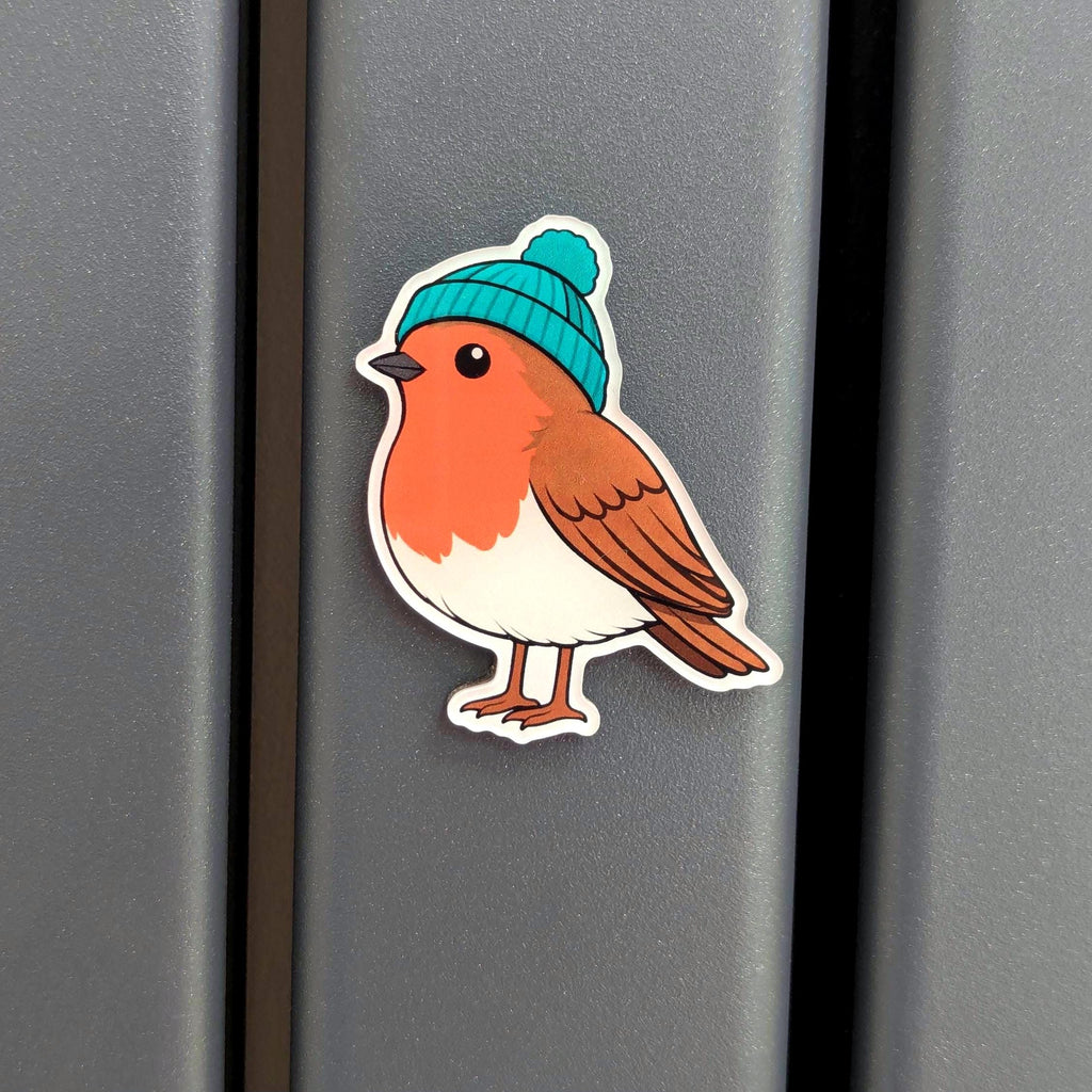 Robin bird refrigerator magnet with a turquoise beanie on a metallic surface