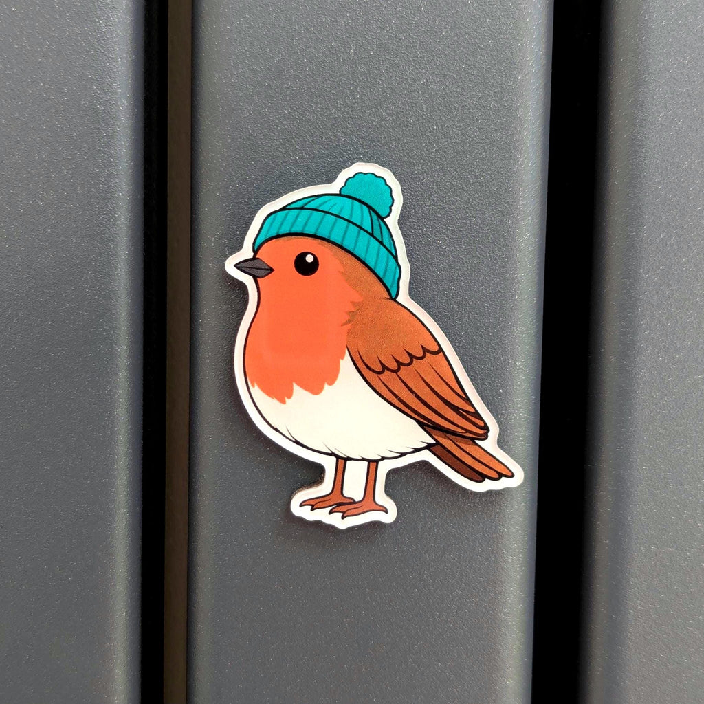 Robin bird fridge magnet with a blue beanie on a metallic surface