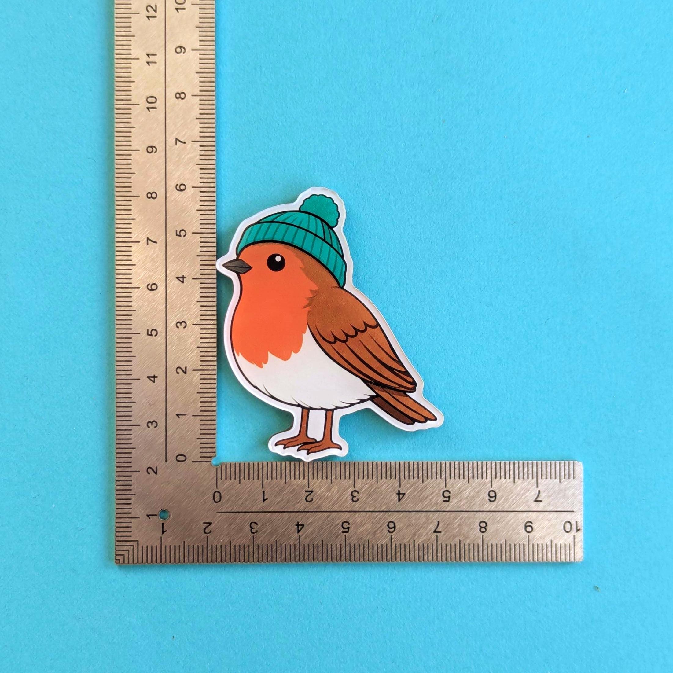 Robin fridge magnet with a green hat next to a ruler on a blue background
