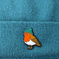 Robin wearing a green beanie on a blue textured background