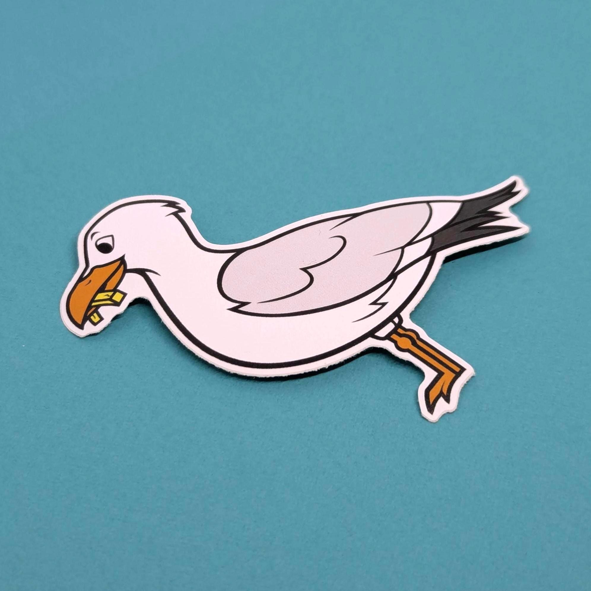 Cartoon seagull sticker on a teal background
