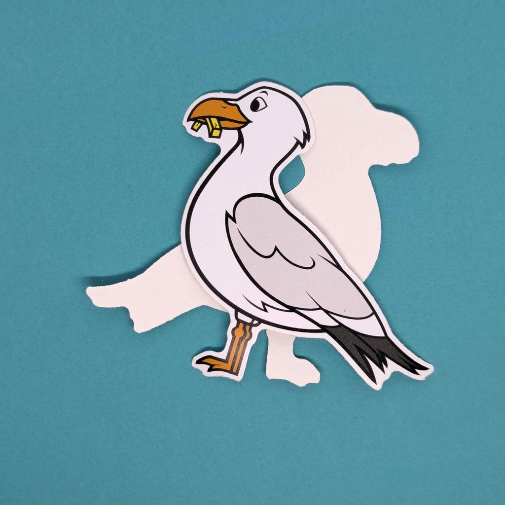 Cartoon-style seagull sticker on a teal background