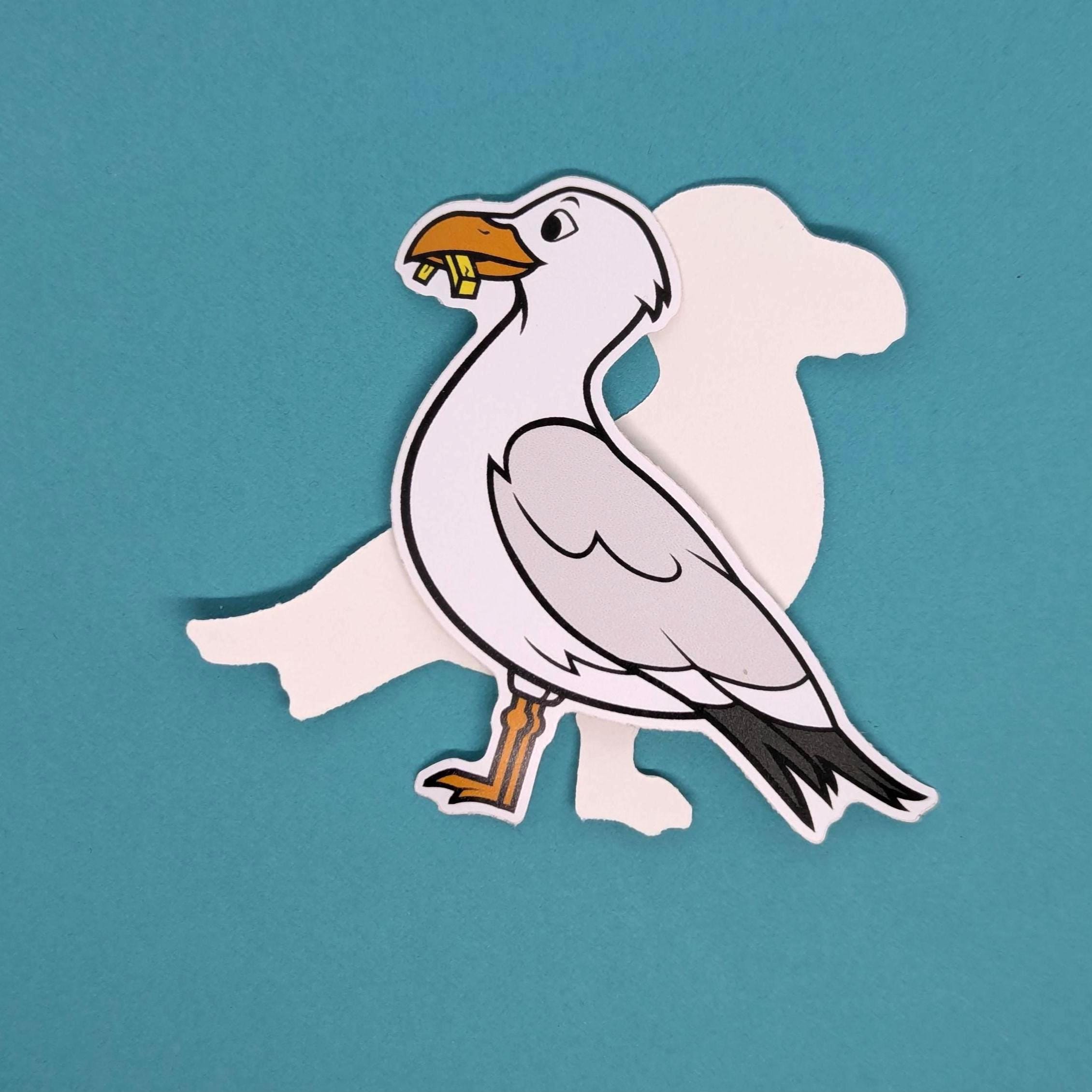 Cartoon-style seagull sticker on a teal background