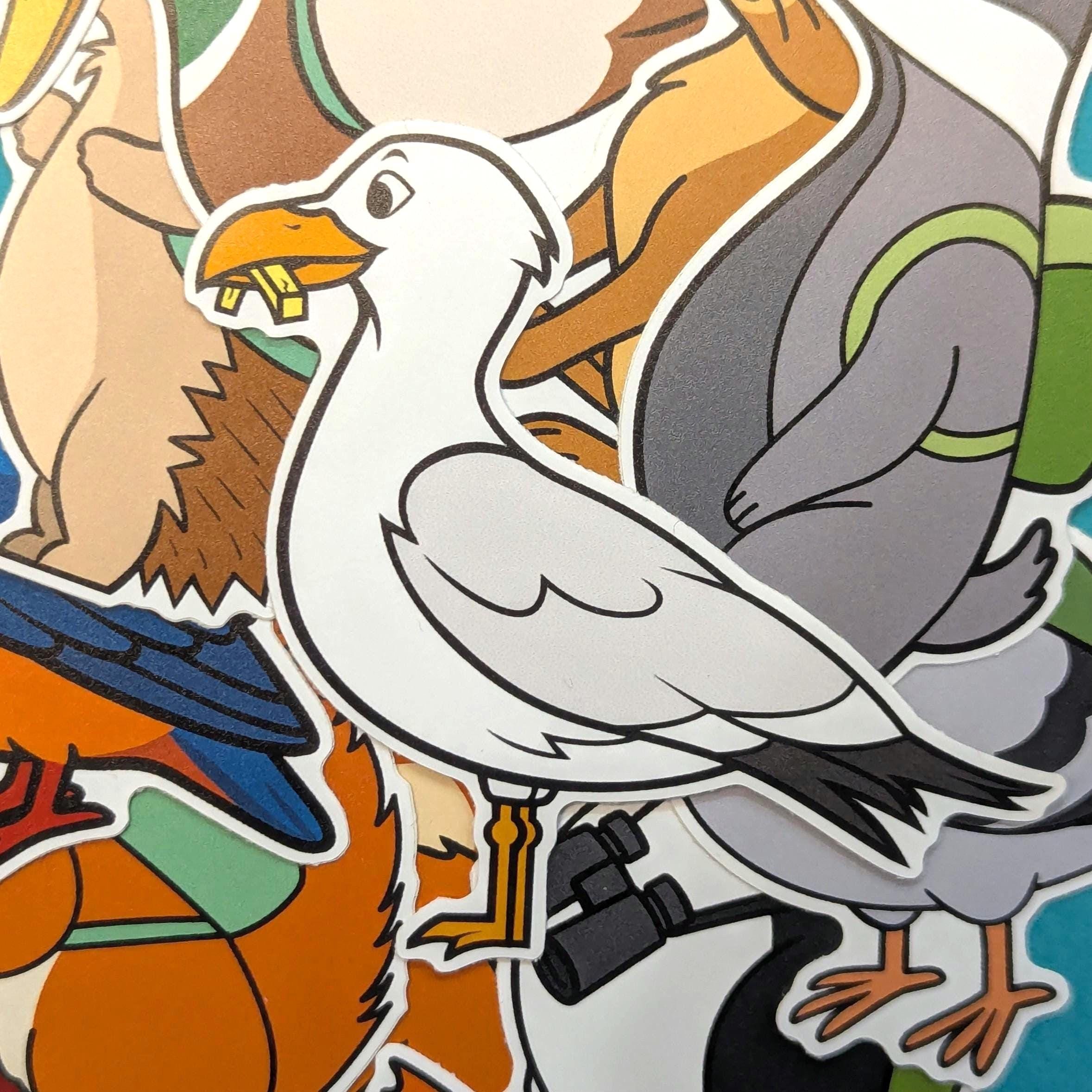 Sticker of seagull illustration surrounded by various other stickers of birds and animals by Pin Badger.