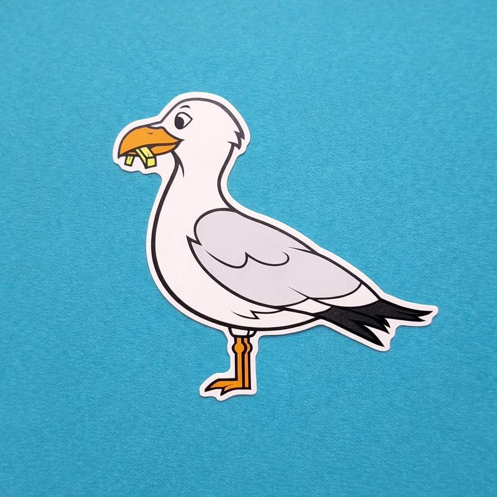Sticker of cartoon seagull on a blue background
