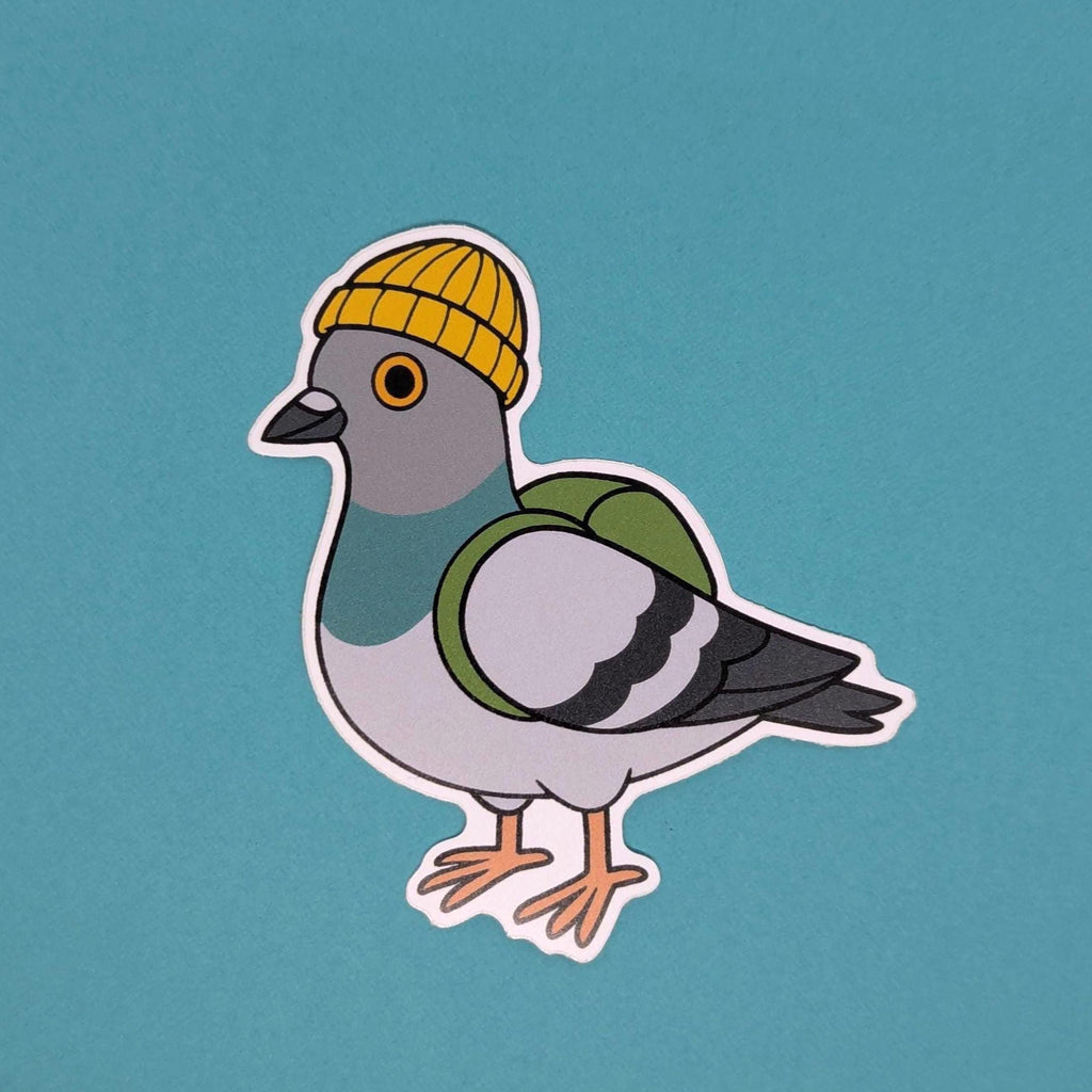Sticker of a pigeon wearing a yellow beanie on a teal background