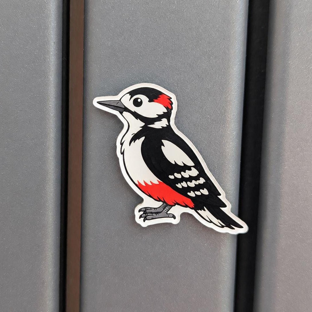 Woodpecker fridge magnet on a metallic surface
